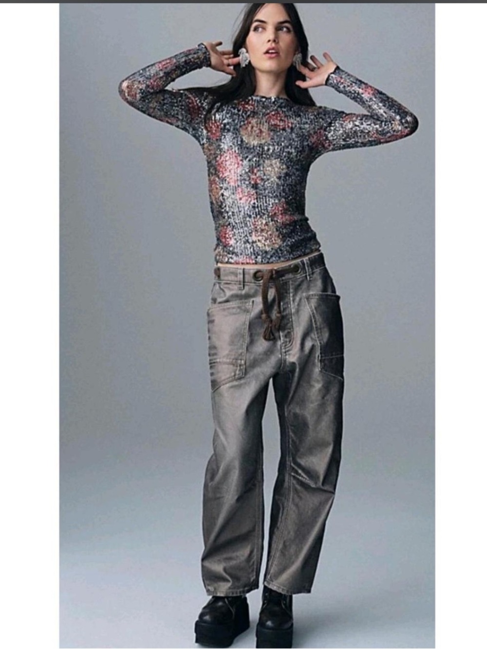 Free People We The Free Metallic Moxies Slouchy Barrel Denim